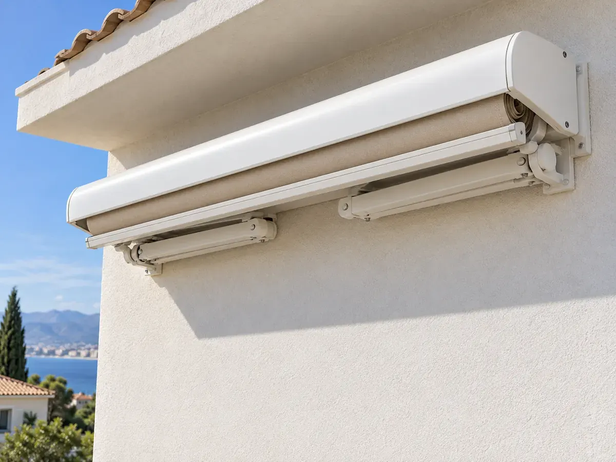 Toldo articulado con semicofre Toldo articulado con semicofre de aluminio blanco recogido bajo el voladizo de una terraza en Málaga