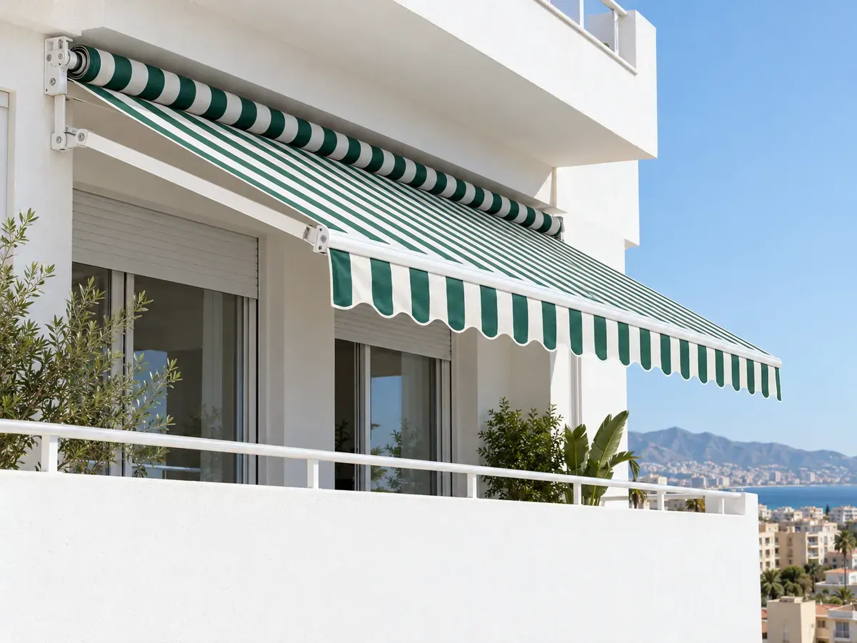 Toldo articulado sin cofre Toldo articulado sin cofre con lona de rayas verdes y blancas en el balcón de un piso en Málaga
