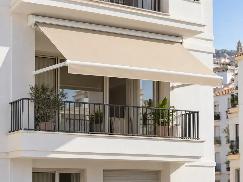 Toldo cofre en balcón Toldo cofre con lona beige extendido en el balcón de un piso en Málaga