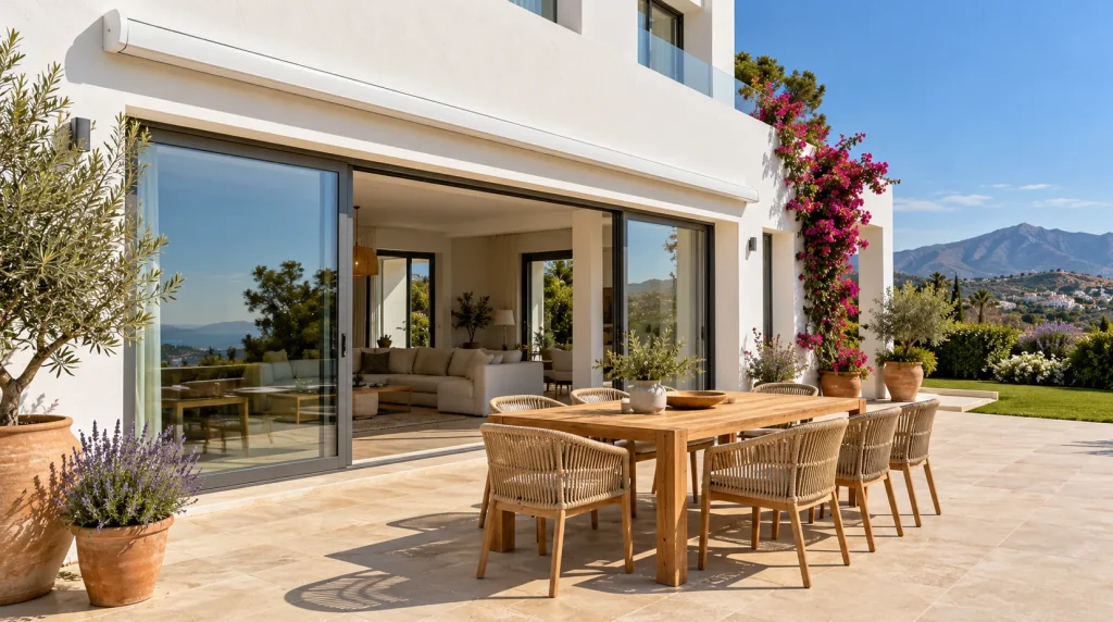 Toldo cofre blanco recogido en la fachada de una casa con terraza en Málaga