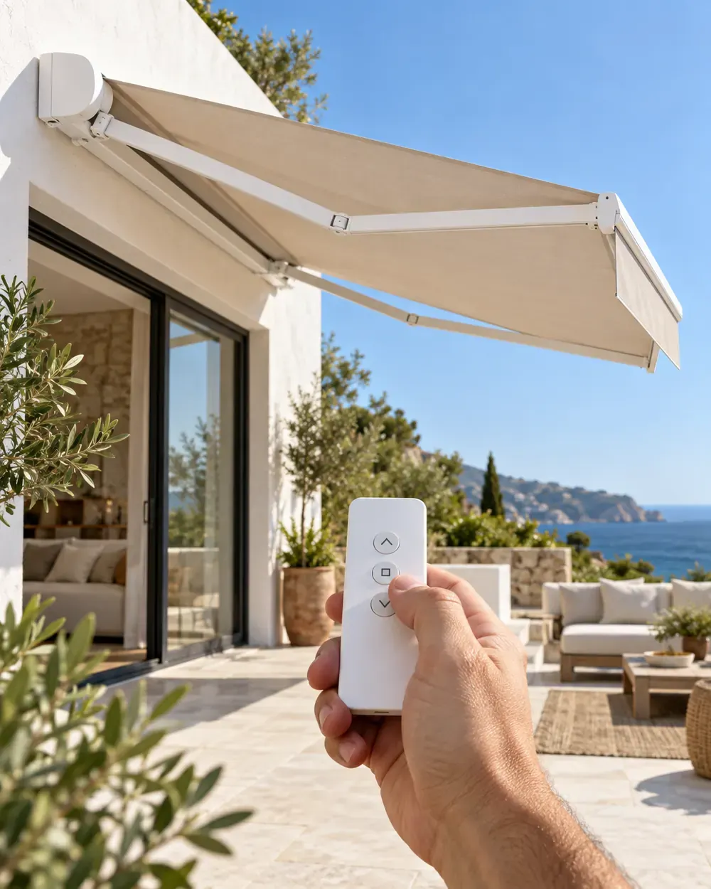 Toldo retráctil cofre motorizado con lona beige abriéndose con mando a distancia