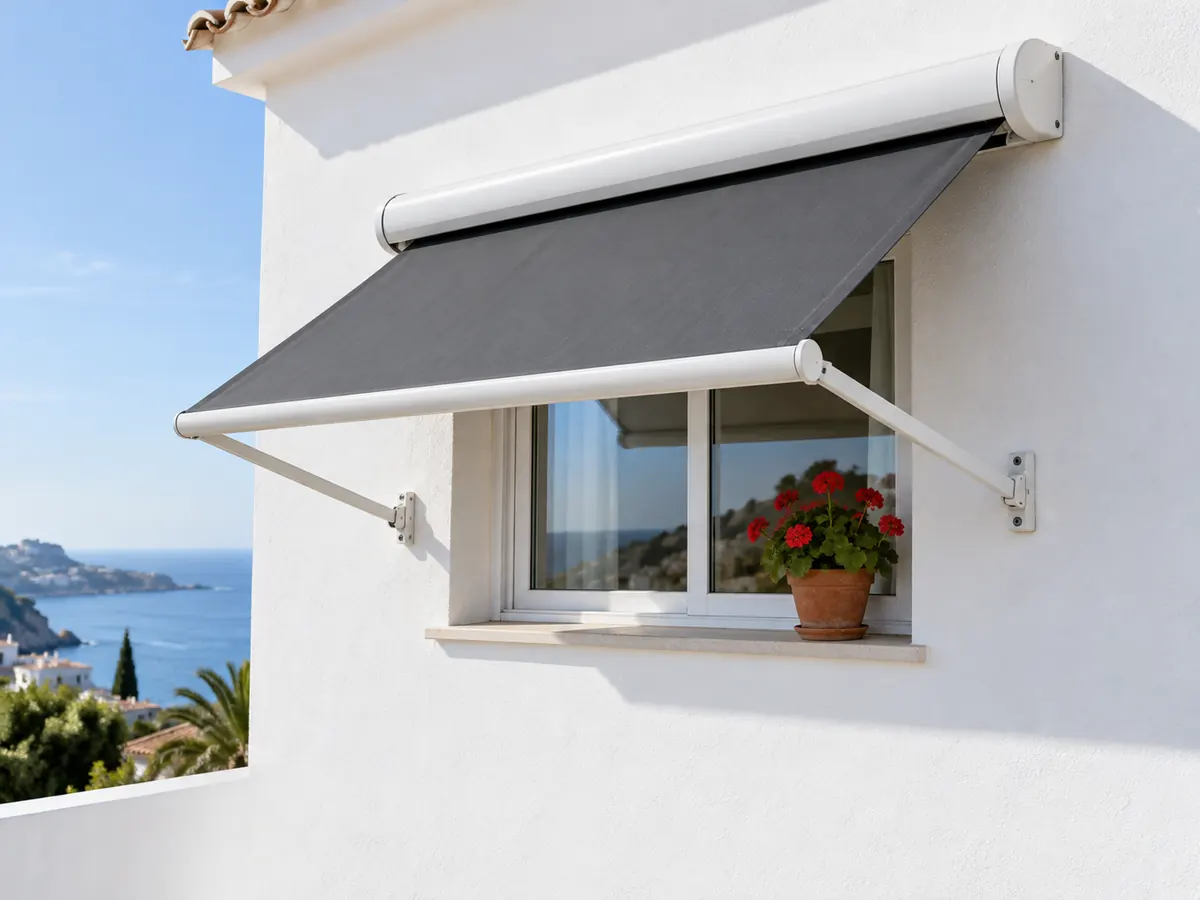 Toldo punto recto con cofre Toldo punto recto con cofre de aluminio blanco y lona gris sobre una ventana de una casa blanca en Málaga