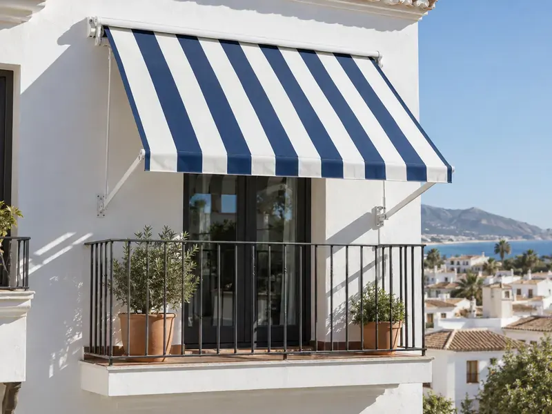 Toldo punto recto de rayas Toldo punto recto con lona de rayas blancas y azul marino en el balcón de un piso en Málaga