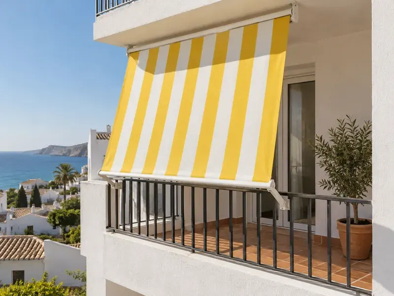 Toldo stor de rayas Toldo stor con lona de rayas amarillas y blancas en la terraza de una vivienda con vistas al mar