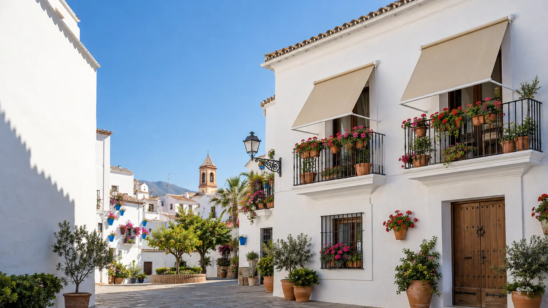Toldos en Estepona Toldos en Estepona: toldos punto recto en los balcones de una casa blanca del casco antiguo