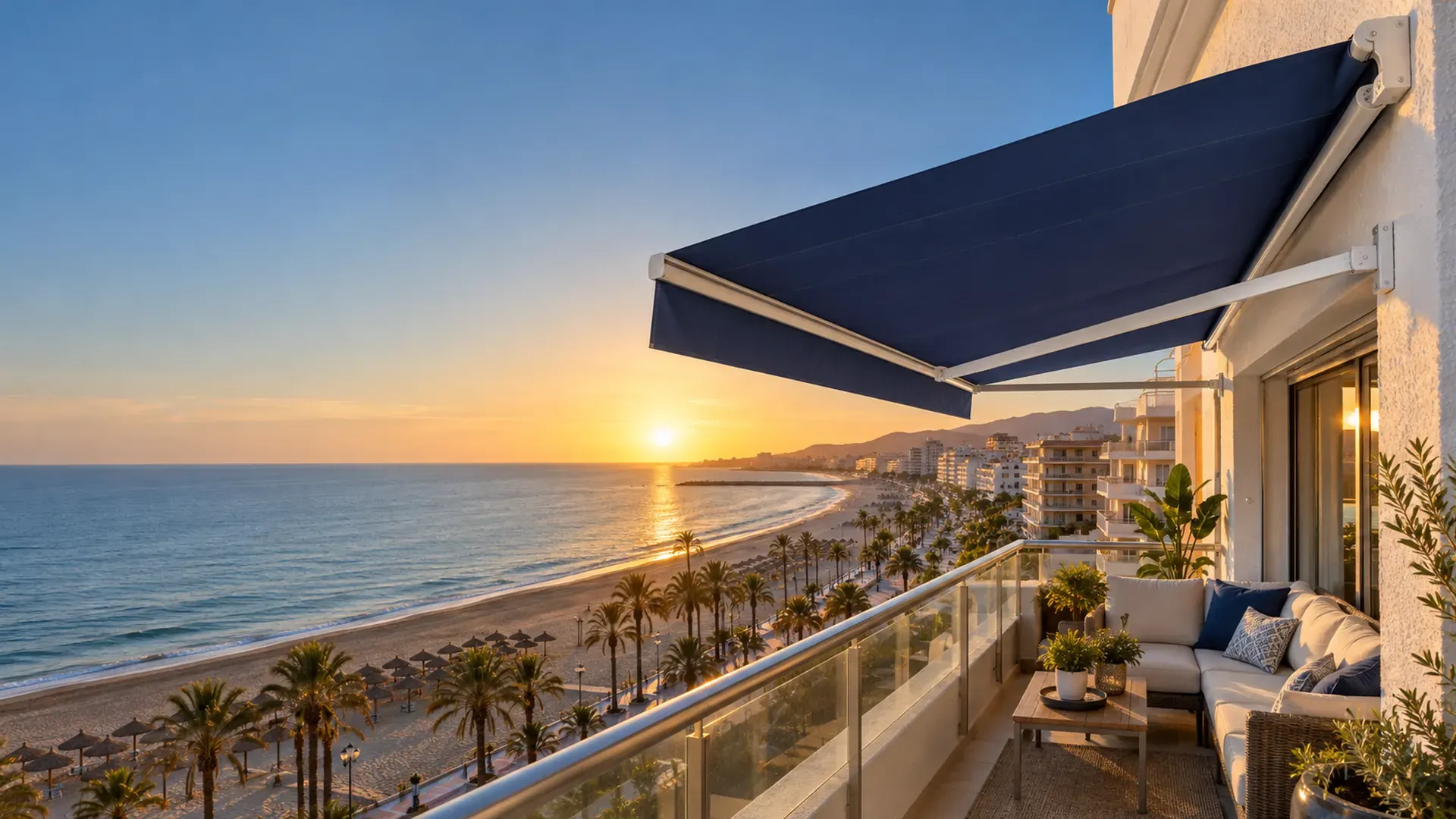 Toldos en Torremolinos Toldos en Torremolinos: toldo articulado azul marino en la terraza de un apartamento frente a la playa al atardecer