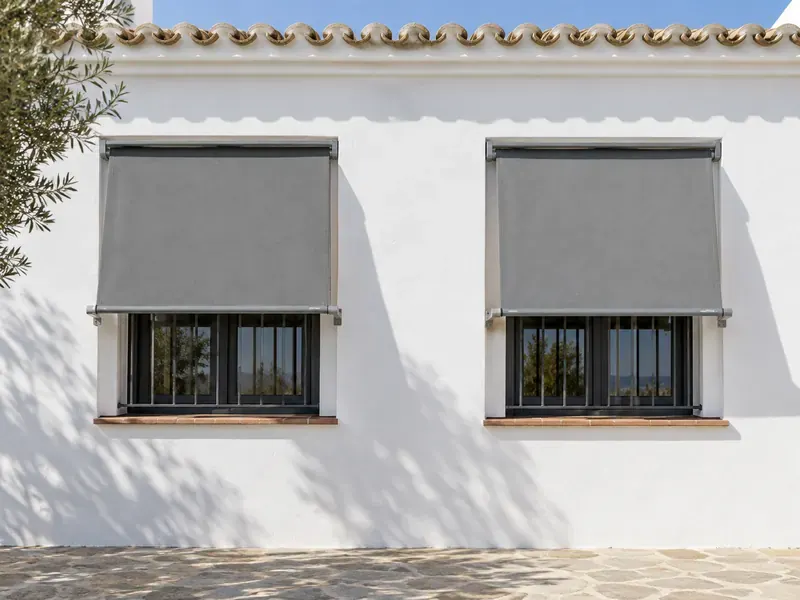Toldos stor en ventanas Toldos stor con lona gris en dos ventanas de una casa blanca en Málaga