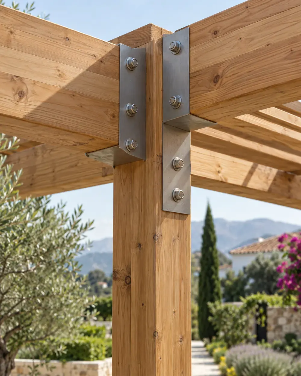 Unión de vigas de pérgola de madera Unión de las vigas de una pérgola de madera con herrajes inoxidables