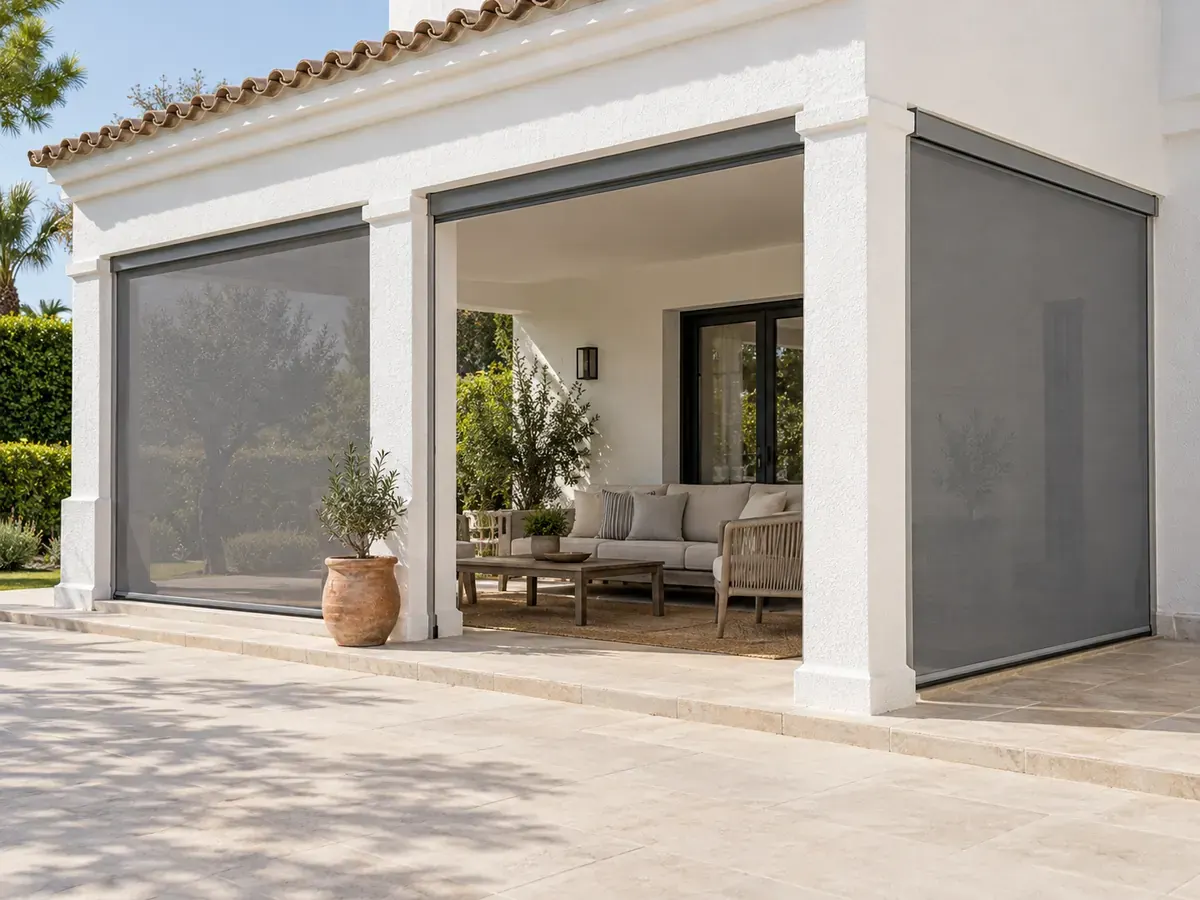Zip screen para porche Zip screen cerrando los laterales del porche de una vivienda blanca